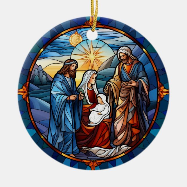Stained Glass Christmas Nativity Scene Ceramic Ornament (Front)