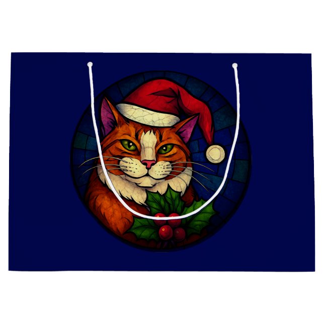 Stained-Glass Christmas Orange Tabby Cat Large Gift Bag (Front)