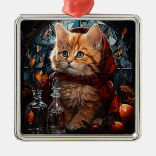 STAINED GLASS CHRISTMAS ORANGE TABBY KITTEN METAL ORNAMENT