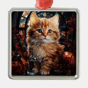 STAINED GLASS CHRISTMAS ORANGE TABBY KITTEN METAL ORNAMENT