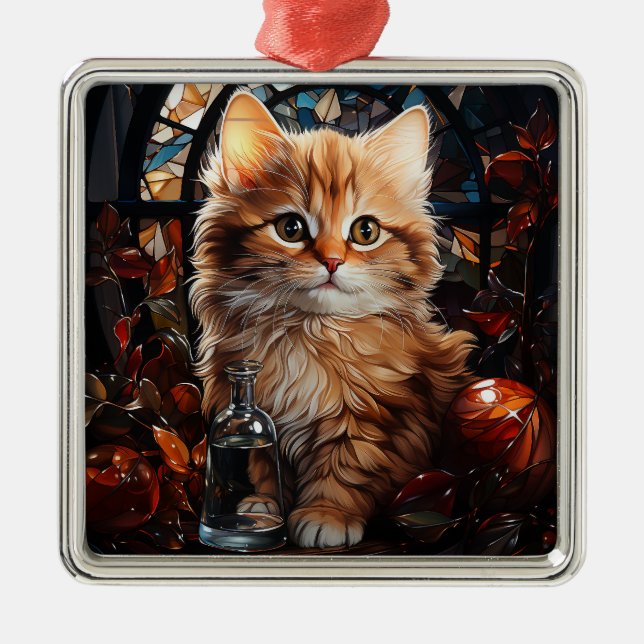STAINED GLASS CHRISTMAS ORANGE TABBY KITTEN METAL ORNAMENT (Front)