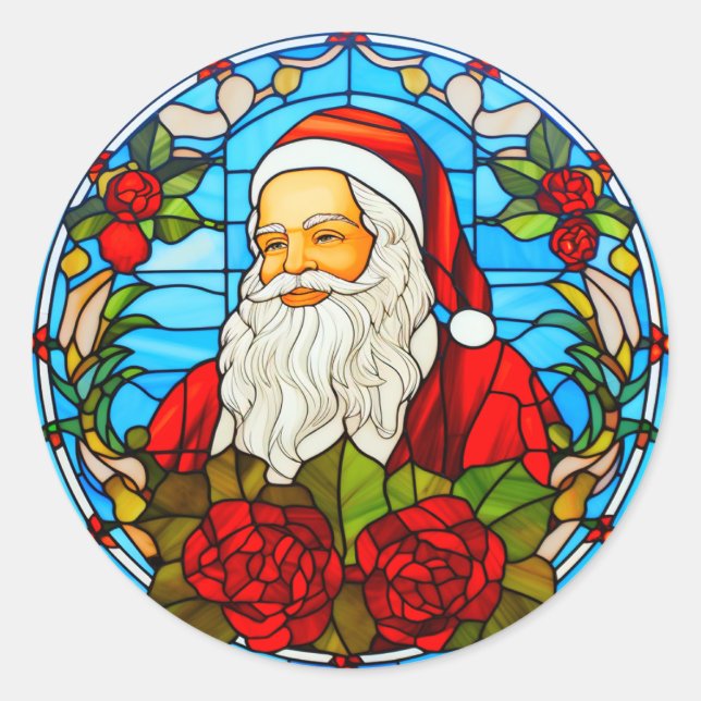 Stained Glass Christmas Santa Ornament-67673 Classic Round Sticker (Front)