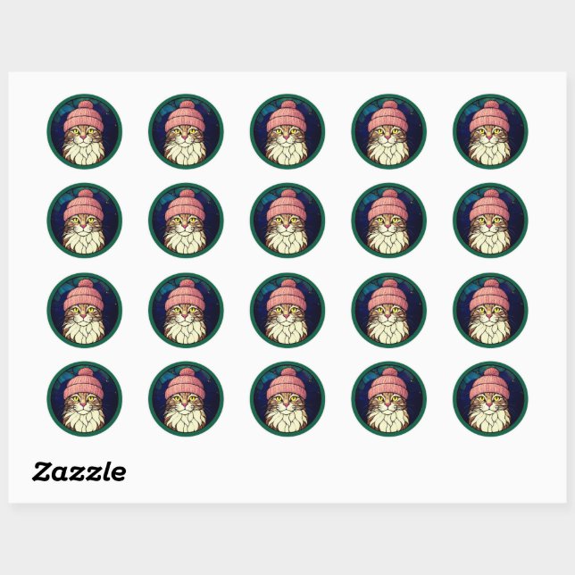 Stained-Glass Christmas Tabby Cat In Pink Cap Classic Round Sticker (Sheet)