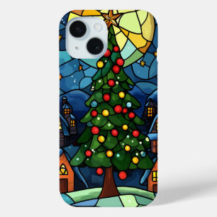 Stained Glass Christmas Tree Holiday Night Scene iPhone 15 Case