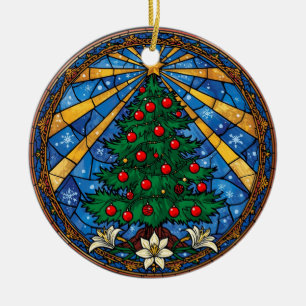 Stained Glass Christmas Tree & Lilies Ceramic Ornament