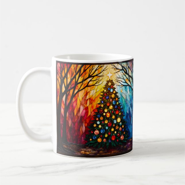 Stained Glass Christmas Tree Merry Christmas Coffee Mug (Left)