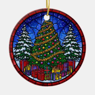 Stained Glass Christmas Tree with Presents Ceramic Ornament