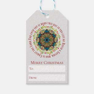 Stained Glass Christmas Wreath Luke 2:11 Verse Gift Tags