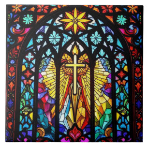 Stained Glass Church Cross Christian Faith Art Ceramic Tile