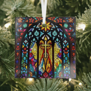 Stained Glass Church Cross Christian Faith Art Glass Tree Decoration