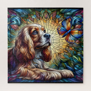 Stained glass Cocker spaniel vibrant yellow blue Jigsaw Puzzle