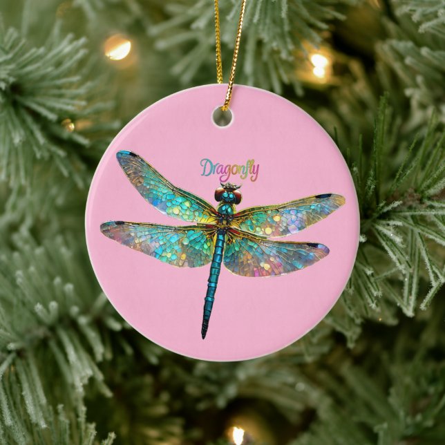 Stained Glass Colorful Dragonfly Ceramic Ornament (Tree)