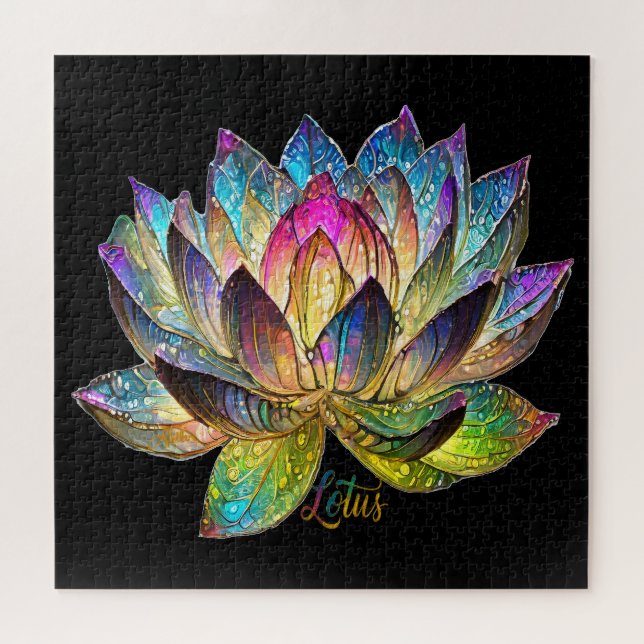 Stained Glass Colorful Lotus Flower on Black Jigsaw Puzzle (Horizontal)