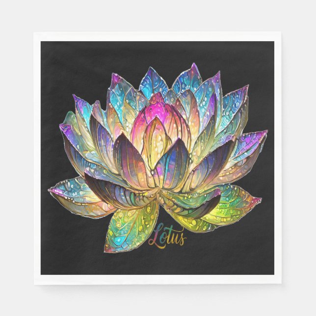 Stained Glass Colorful Lotus Flower on Black Napkin (Front)
