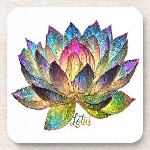 Stained Glass Colorful Lotus Flower on White Coaster