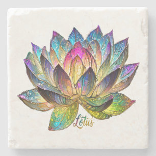 Stained Glass Colorful Lotus Flower on White Stone Coaster