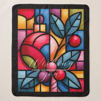 Stained Glass Colourful Christmas Berries Sherpa Blanket