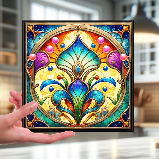 Stained Glass Colourful Floral Design Ceramic Tile (Tile featuring a stained glass or leaded glass style design with a colorful art deco flower)