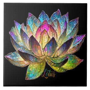 Stained Glass Colourful Lotus Flower on Black Ceramic Tile