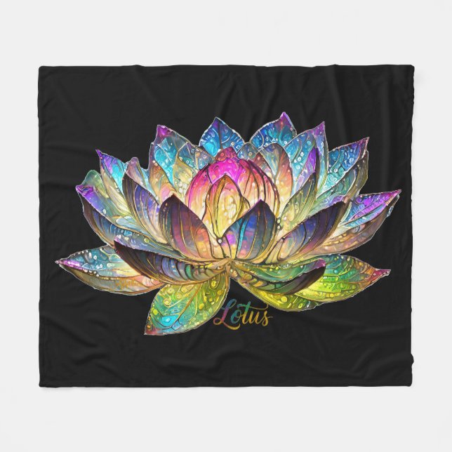 Stained Glass Colourful Lotus Flower on Black Fleece Blanket (Front (Horizontal))