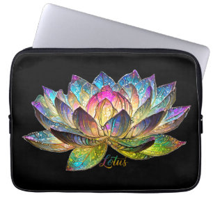 Stained Glass Colourful Lotus Flower on Black Laptop Sleeve