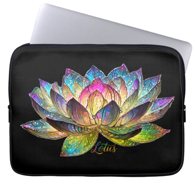 Stained Glass Colourful Lotus Flower on Black Laptop Sleeve (Front)