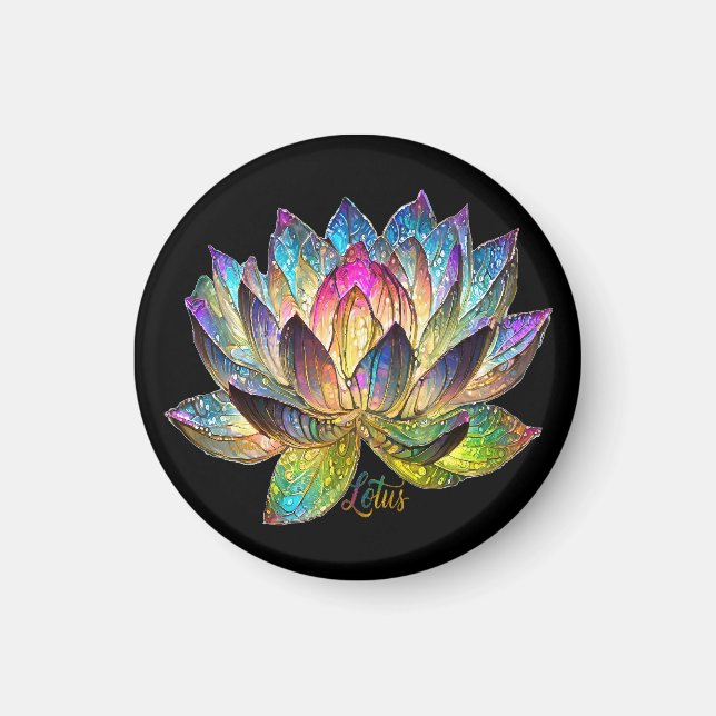 Stained Glass Colourful Lotus Flower on Black Magnet (Front)