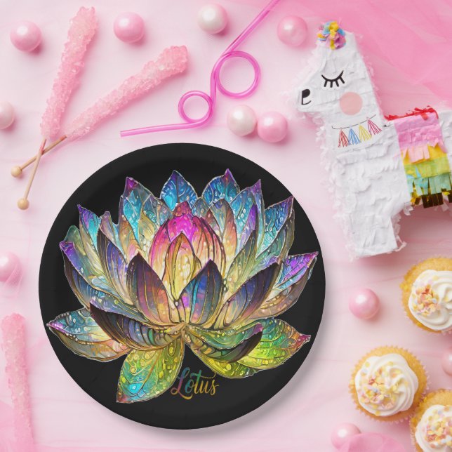 Stained Glass Colourful Lotus Flower on Black Paper Plate (Party)