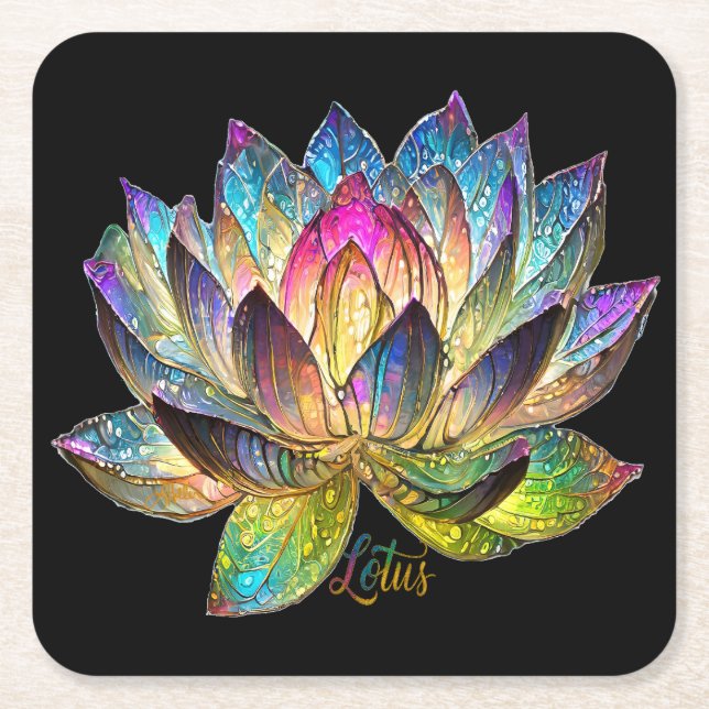 Stained Glass Colourful Lotus Flower on Black Square Paper Coaster (Front)