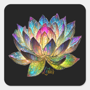 Stained Glass Colourful Lotus Flower on Black Square Sticker