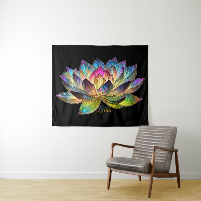 Stained Glass Colourful Lotus Flower on Black Tapestry (In Situ (Horizontal))