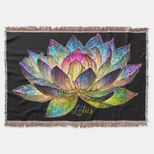 Stained Glass Colourful Lotus Flower on Black Throw Blanket