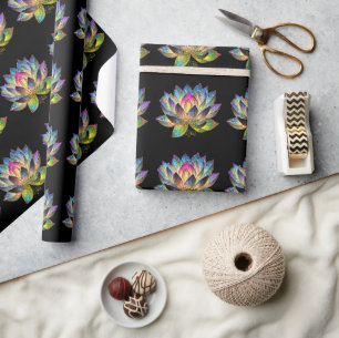 Stained Glass Colourful Lotus Flower on Black Wrapping Paper