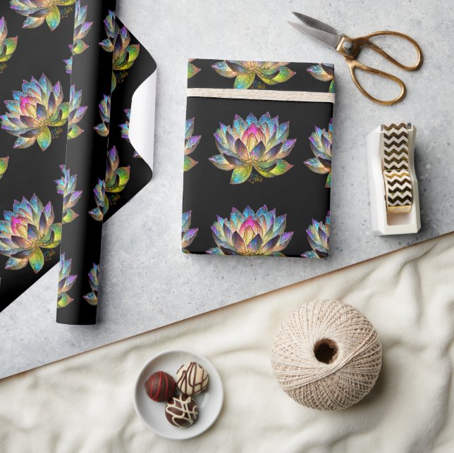 Stained Glass Colourful Lotus Flower on Black Wrapping Paper (Crafts)