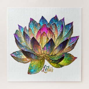 Stained Glass Colourful Lotus Flower on White Jigsaw Puzzle
