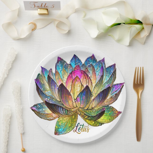 Stained Glass Colourful Lotus Flower on White Paper Plate (Wedding)