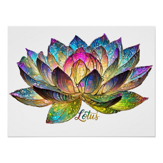 Stained Glass Colourful Lotus Flower on White Poster (Front)