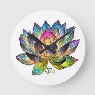Stained Glass Colourful Lotus Flower on White Round Clock