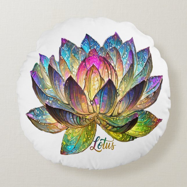 Stained Glass Colourful Lotus Flower on White Round Cushion (Front)