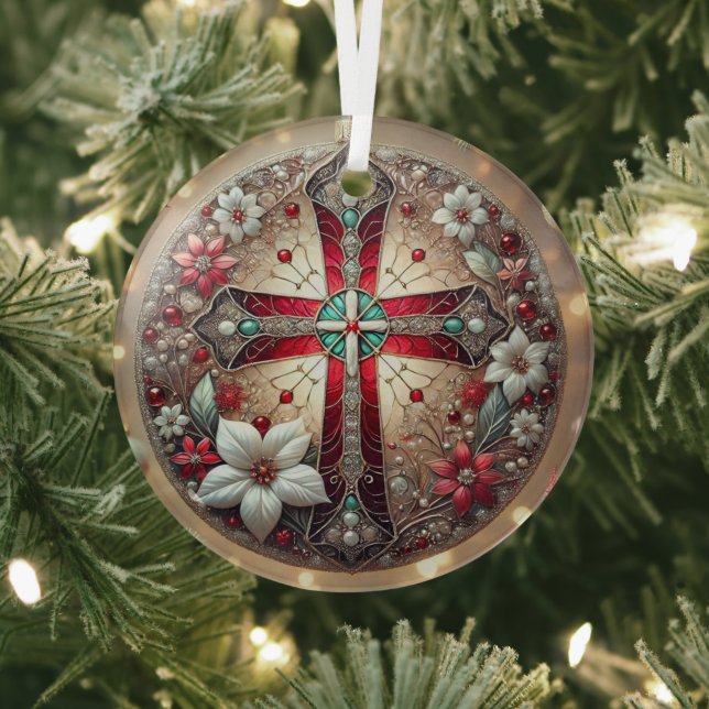 Stained Glass Cross and Poinsettias  Tree Decoration (Insitu)