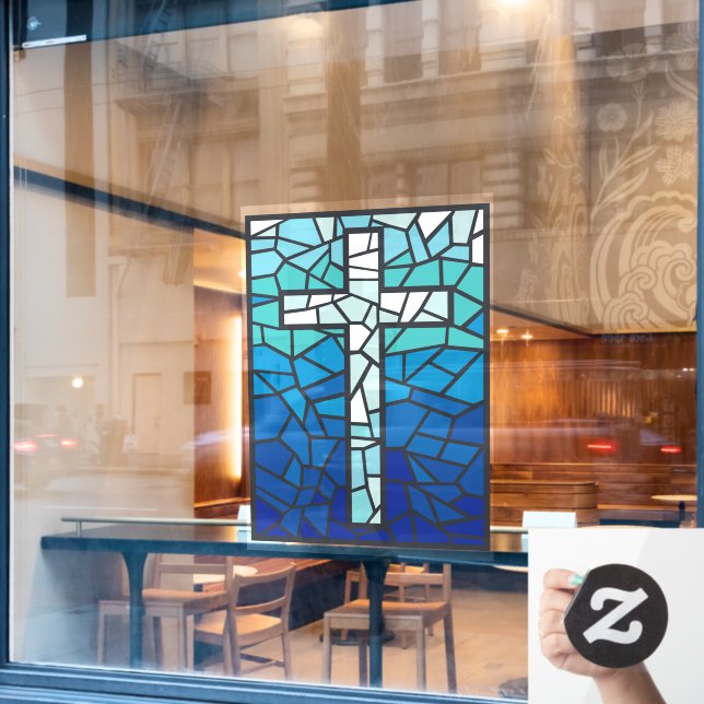 Stained Glass Cross Blue Black White (Cafe Window)