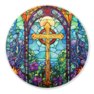 Stained Glass Cross Ceramic Knob