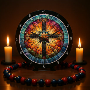 Stained Glass Cross Large Clock