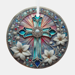 Stained Glass Cross with Pearls and Poinsettias  Tree Decoration