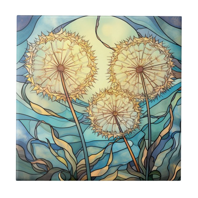 Stained Glass Dandelion Illustration Ceramic Tile (Front)