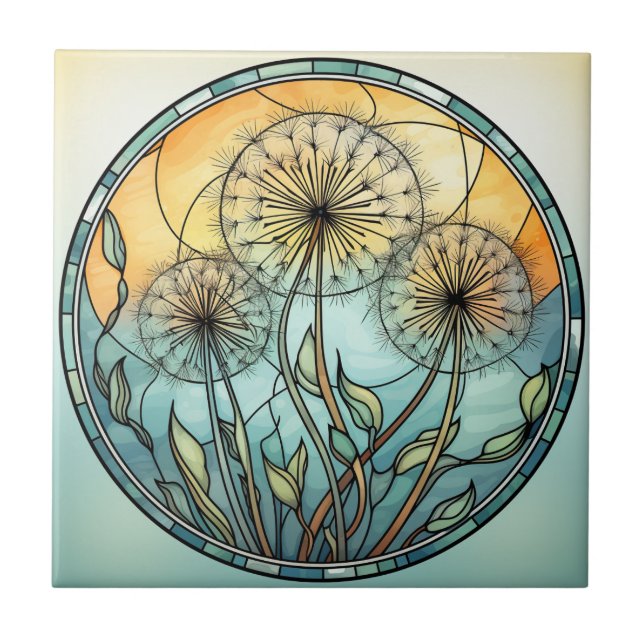 Stained Glass Dandelion Illustration Ceramic Tile (Front)