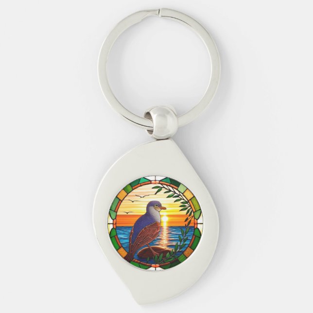 Stained Glass Design Featuring Bird on Rock Key Ring (Front)