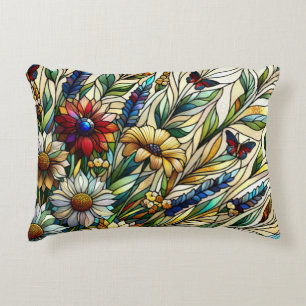 Stained Glass Design Wildflowers and Butterflies Decorative Cushion