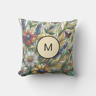 Stained Glass Design Wildflowers Field Monogram Cushion