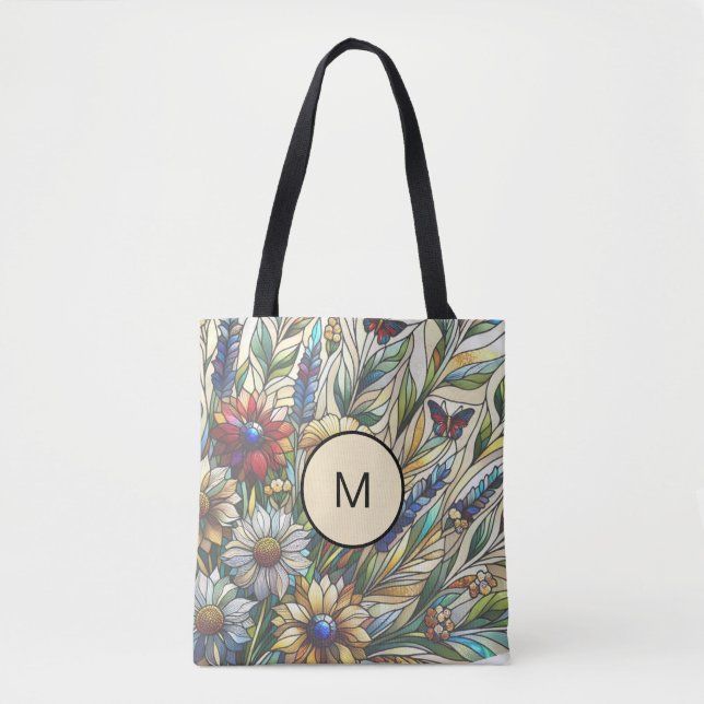 Stained Glass Design Wildflowers Field Monogram Tote Bag (Front)